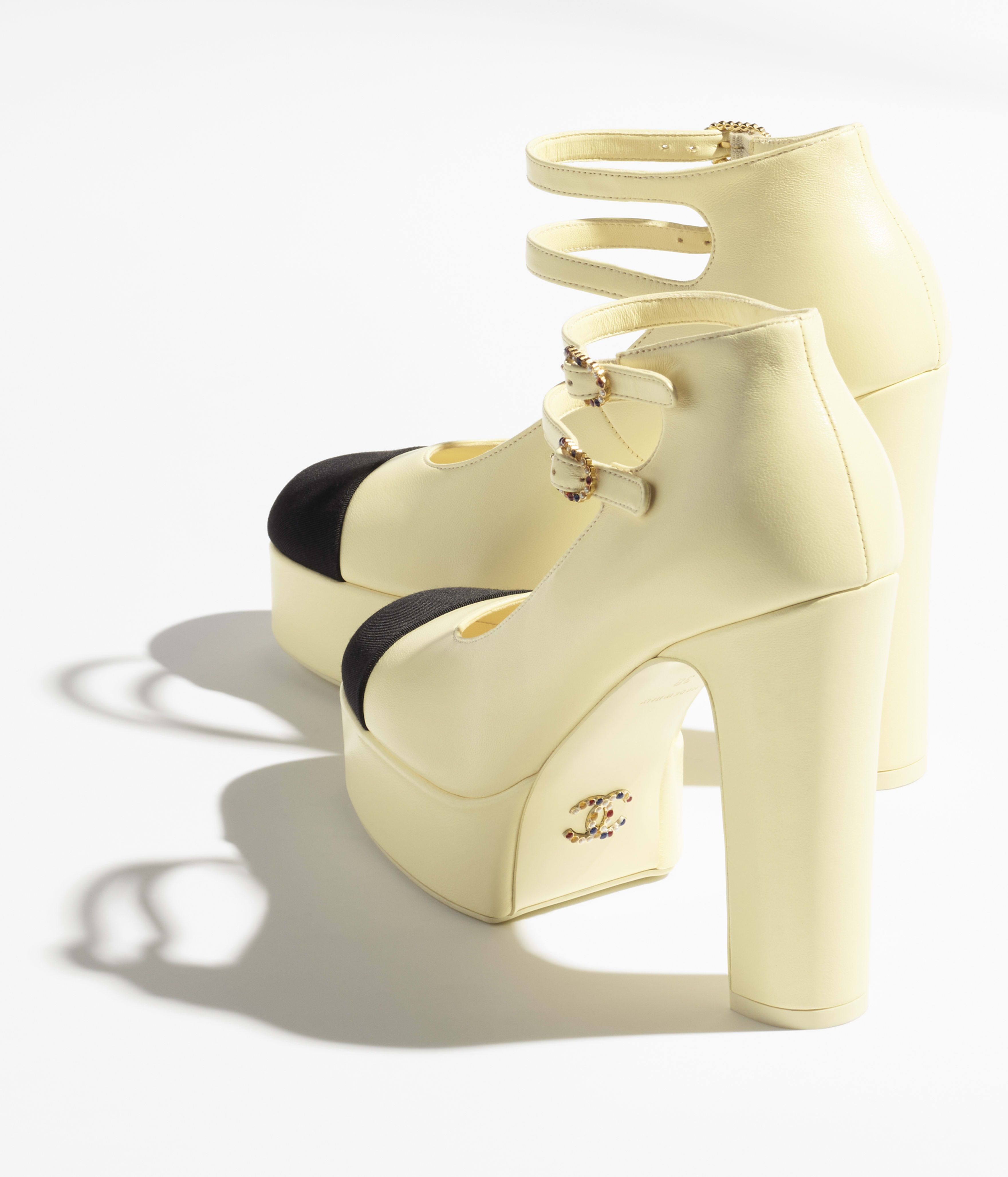 Mary Janes - Amarillo claro y negro - Piel de cordero y gros grain - 